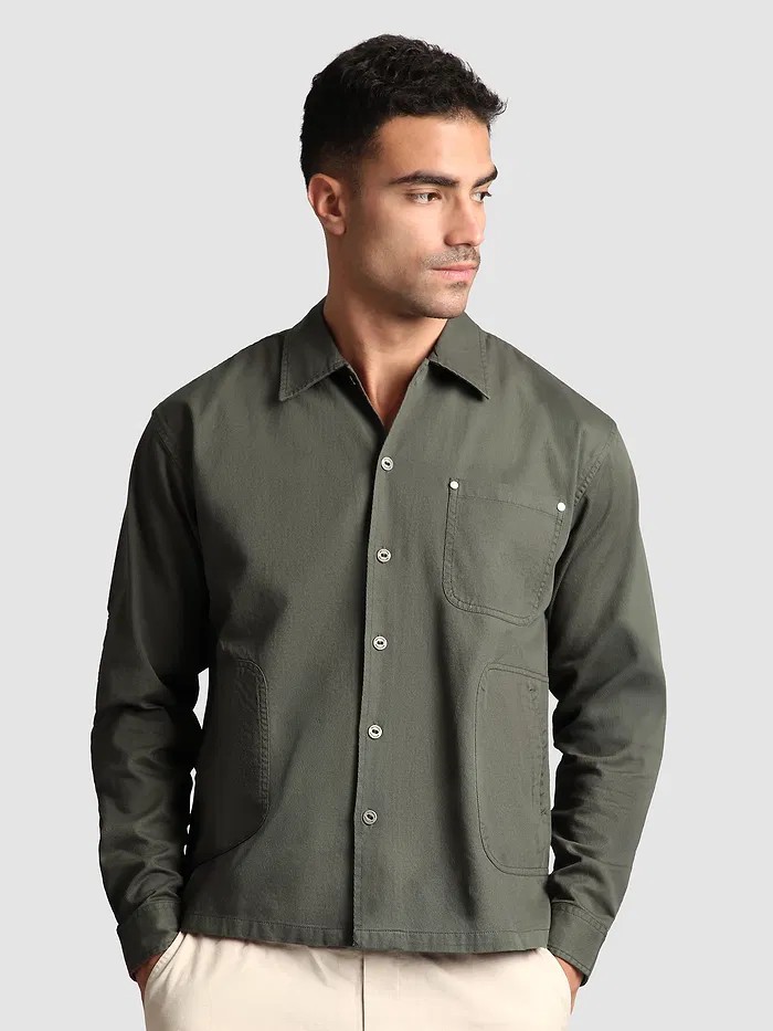 Grey Solid Multipocket Shacket