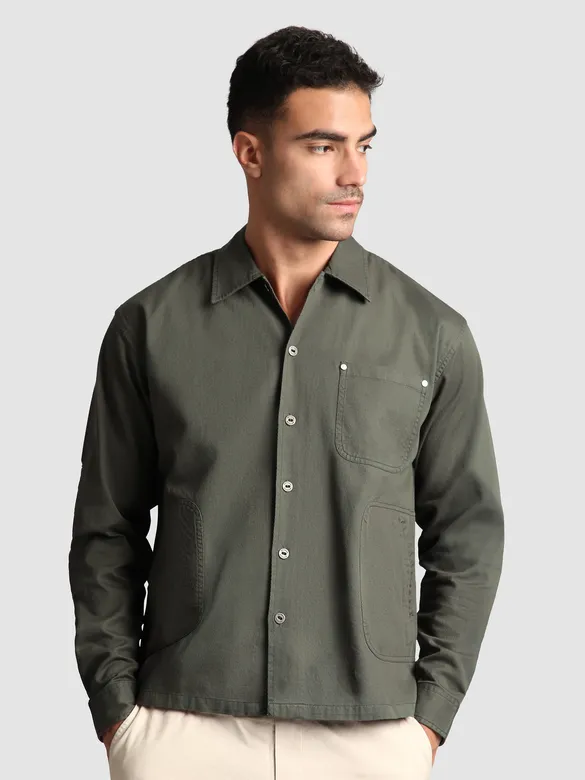 Grey Solid Multipocket Shacket