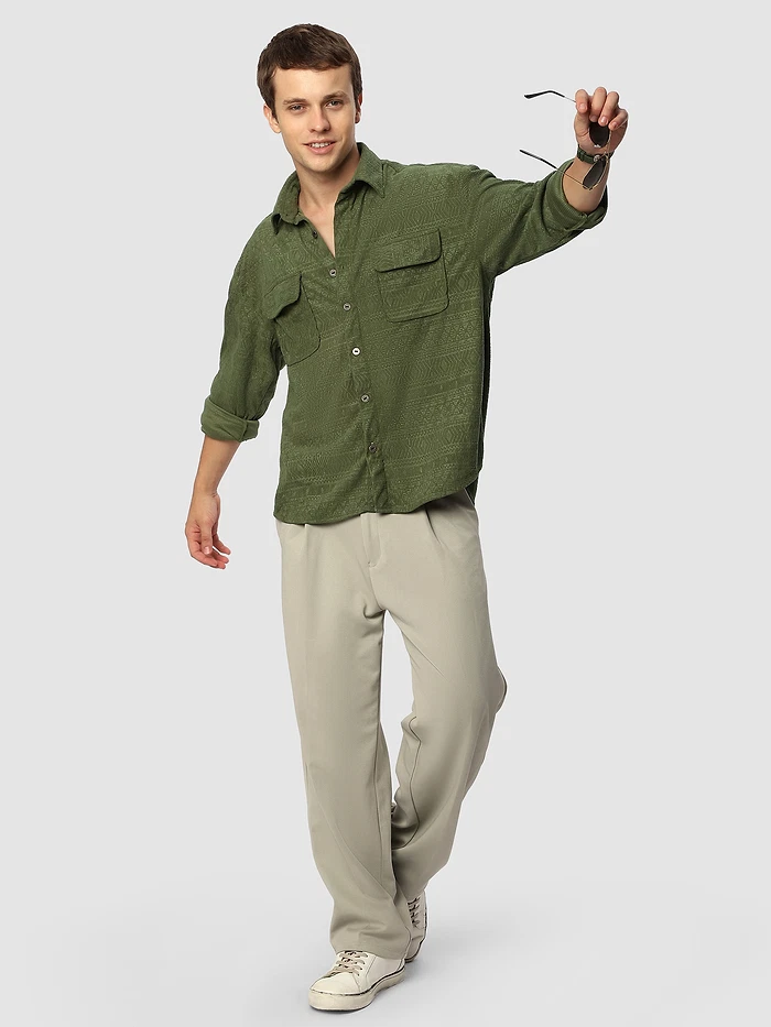 Pale Olive Geometric Textured Corduroy Shirt