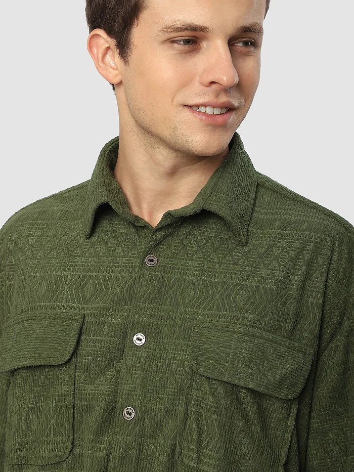 Pale Olive Geometric Textured Corduroy Shirt