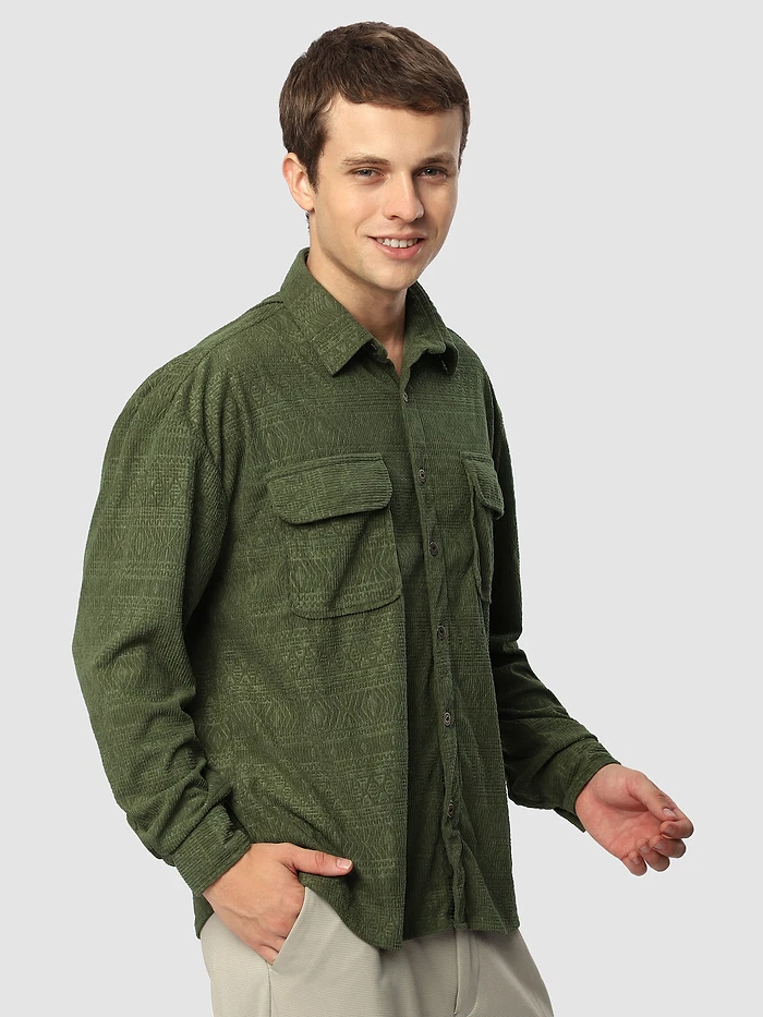 Pale Olive Geometric Textured Corduroy Shirt