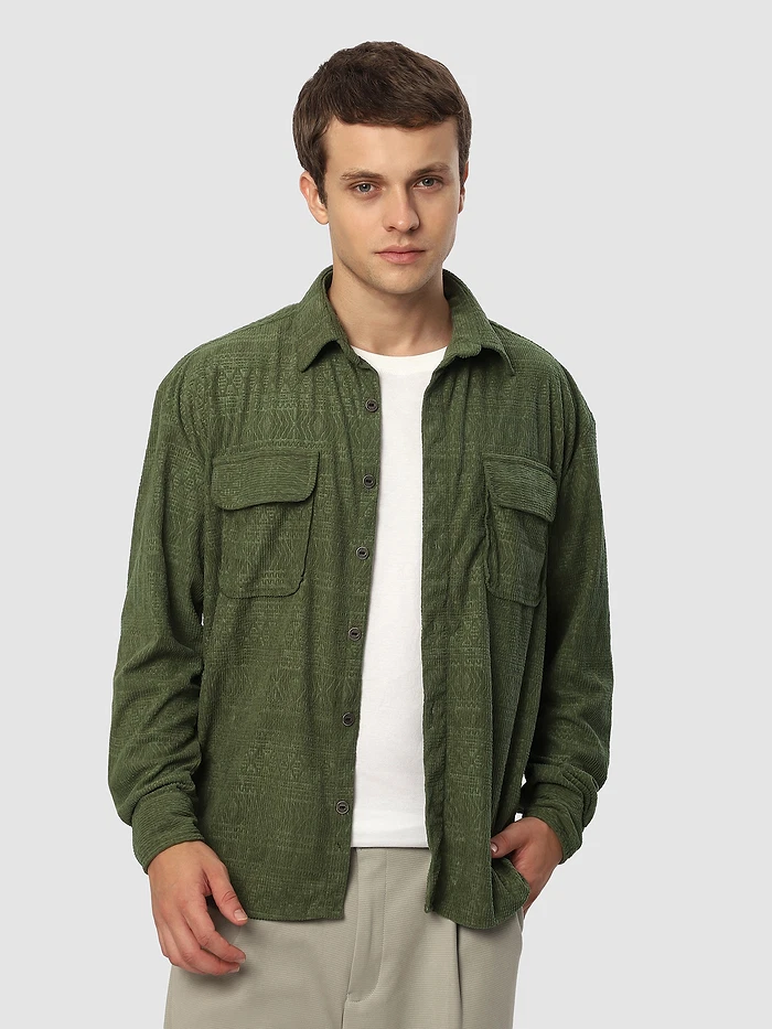 Pale Olive Geometric Textured Corduroy Shirt