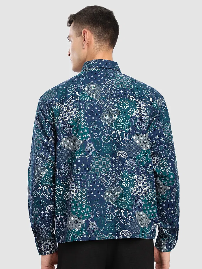 Blue Paisley Printed Zipper Shacket