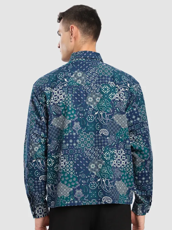 Blue Paisley Printed Zipper Shacket