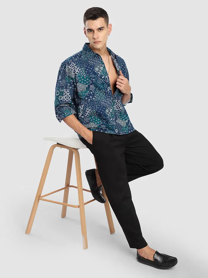 Blue Paisley Printed Zipper Shacket