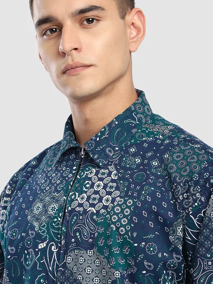 Blue Paisley Printed Zipper Shacket