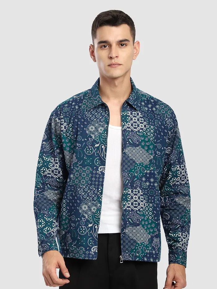 Blue Paisley Printed Zipper Shacket