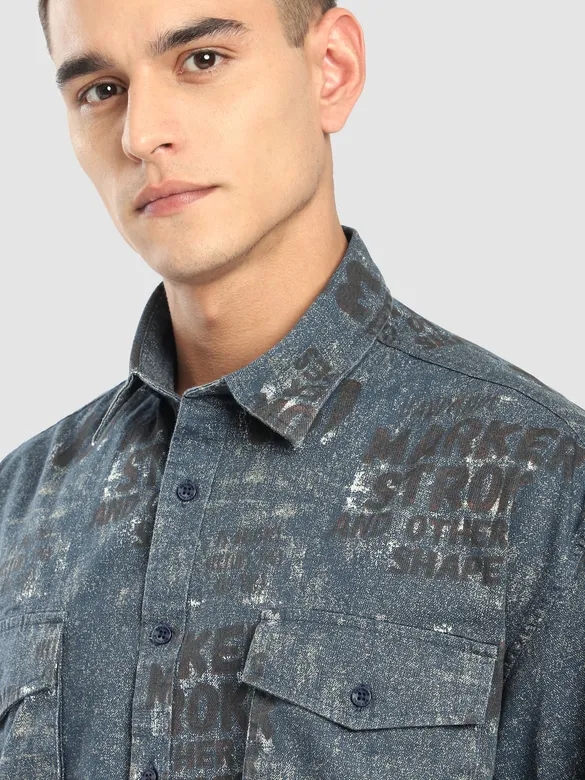 Brown And Blue Abstract Printed Shacket