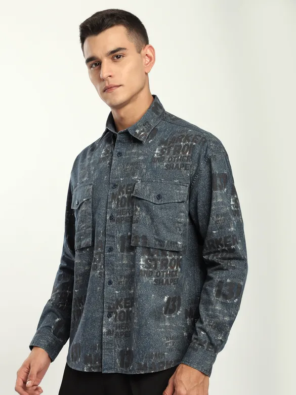 Brown And Blue Abstract Printed Shacket