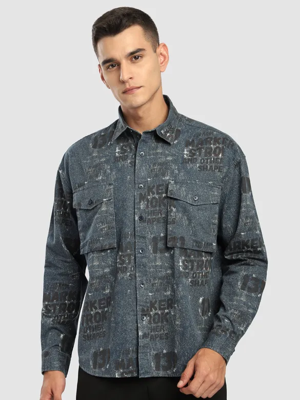 Brown And Blue Abstract Printed Shacket