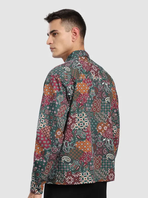 Green Paisley Printed Zipper Shacket