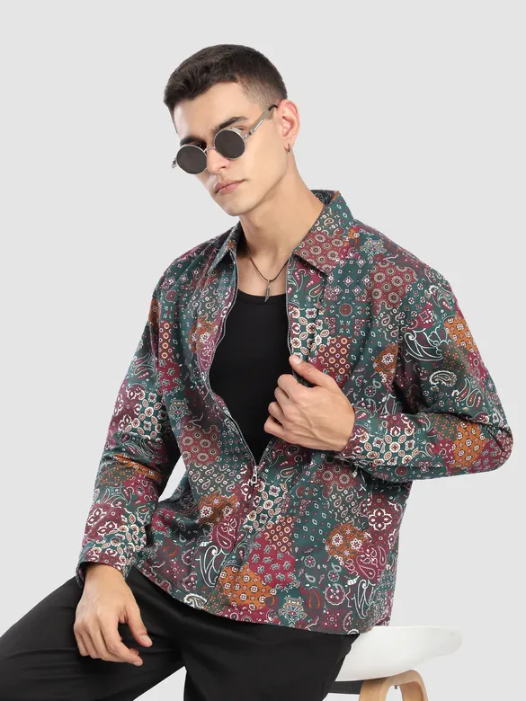 Green Paisley Printed Zipper Shacket