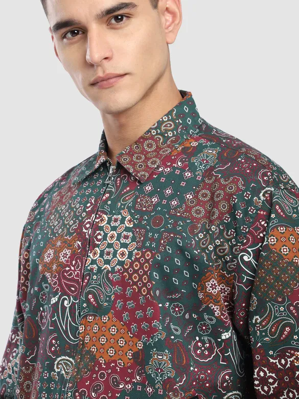 Green Paisley Printed Zipper Shacket