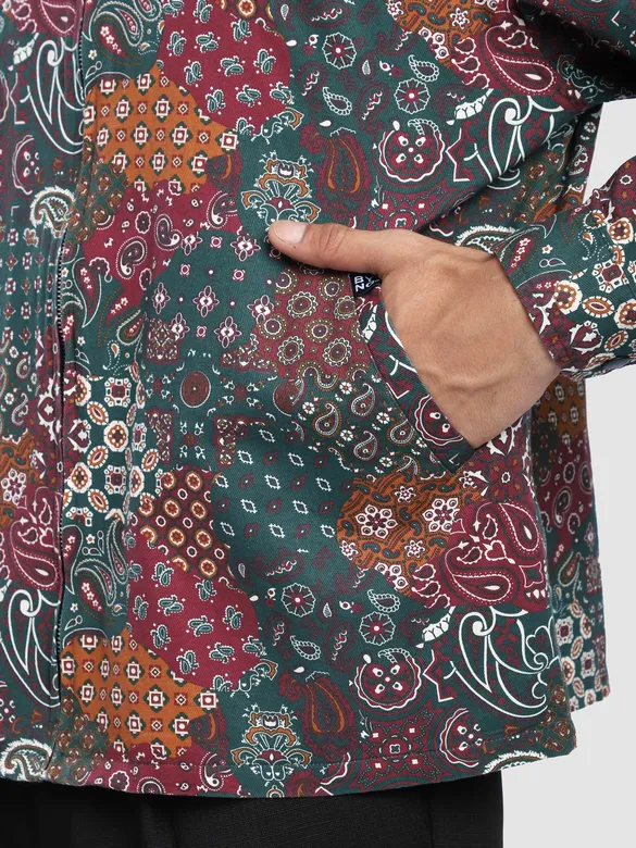 Green Paisley Printed Zipper Shacket