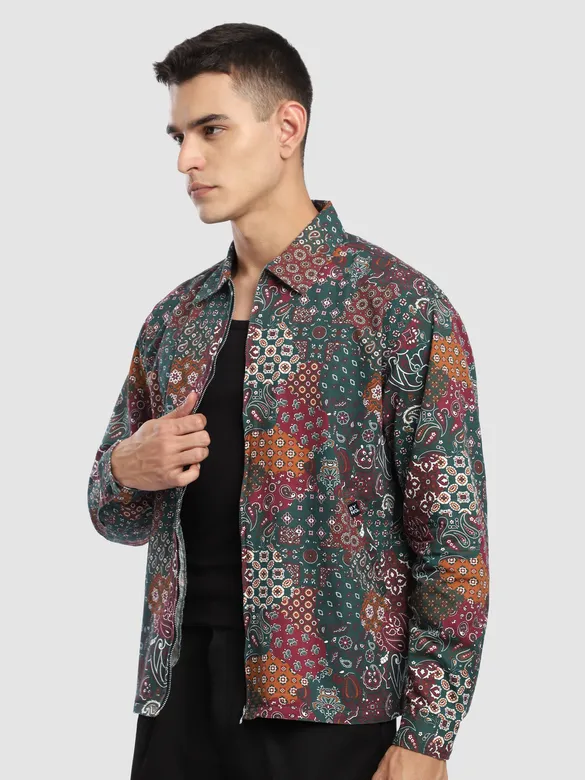 Green Paisley Printed Zipper Shacket
