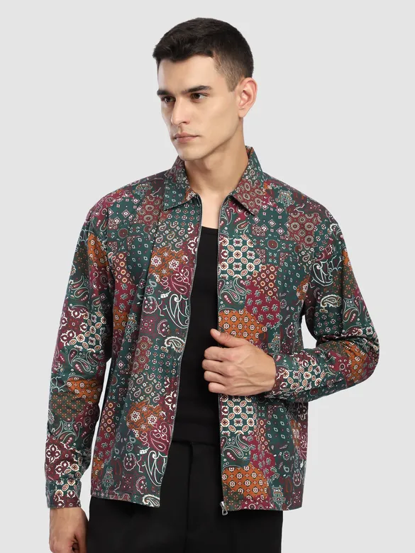 Green Paisley Printed Zipper Shacket