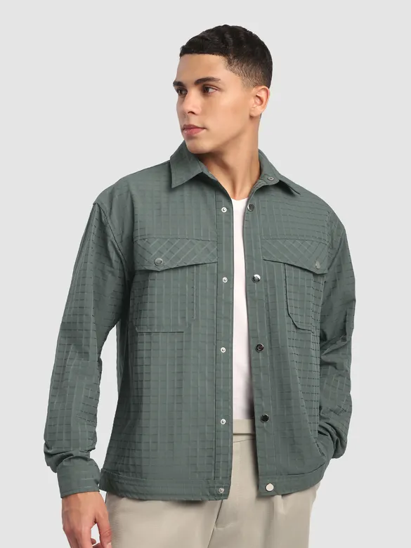 Greyish Green Block Textured Shacket