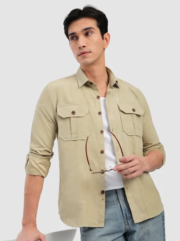 Beige Panel Suede Shirt