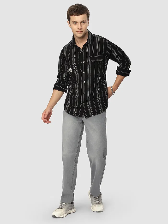 Black Striped Cotton Corduroy Shirt