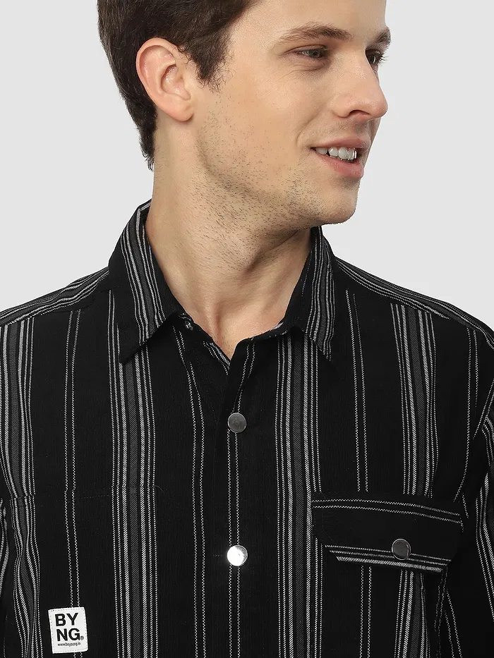 Black Striped Cotton Corduroy Shirt