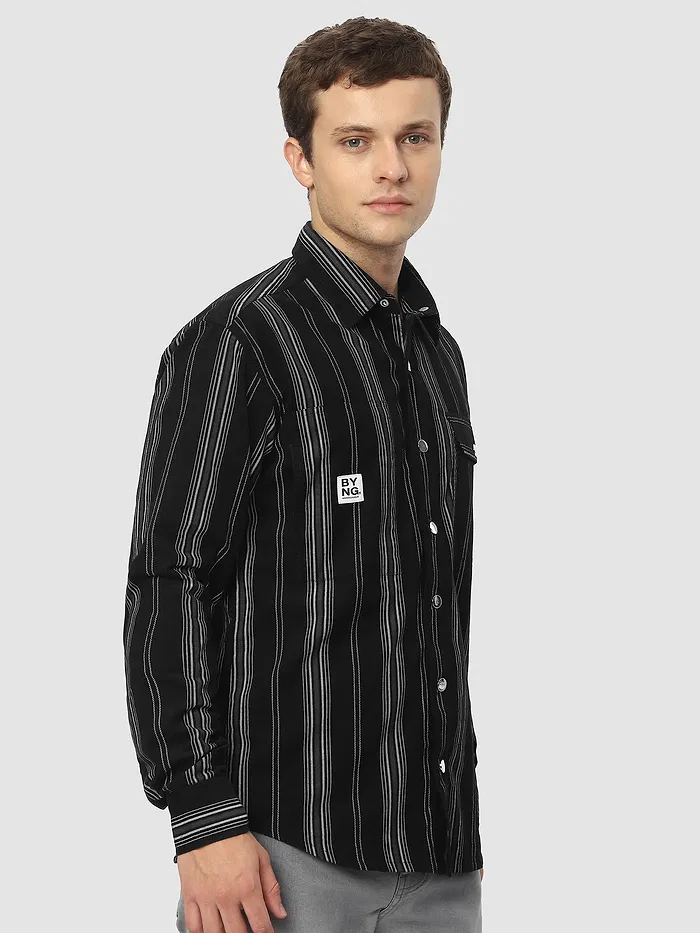 Black Striped Cotton Corduroy Shirt