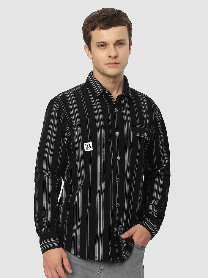 Black Striped Cotton Corduroy Shirt