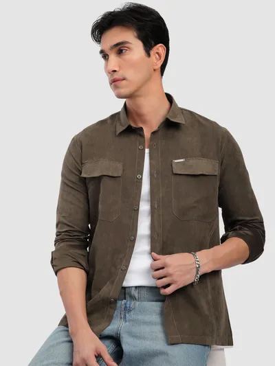 Brown Dual Pocketed Suede Shirt