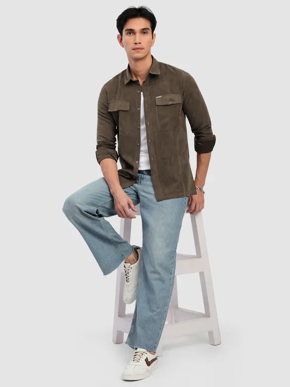 Brown Dual Pocketed Suede Shirt