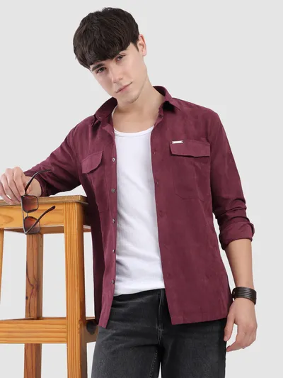 French Wine Dual Pocketed Suede Shirt