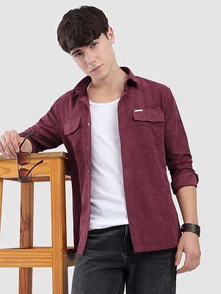 French Wine Dual Pocketed Suede Shirt