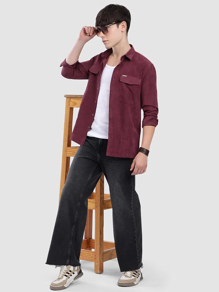 French Wine Dual Pocketed Suede Shirt