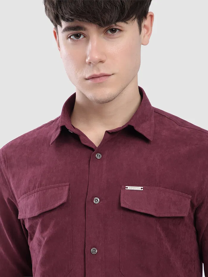 French Wine Dual Pocketed Suede Shirt