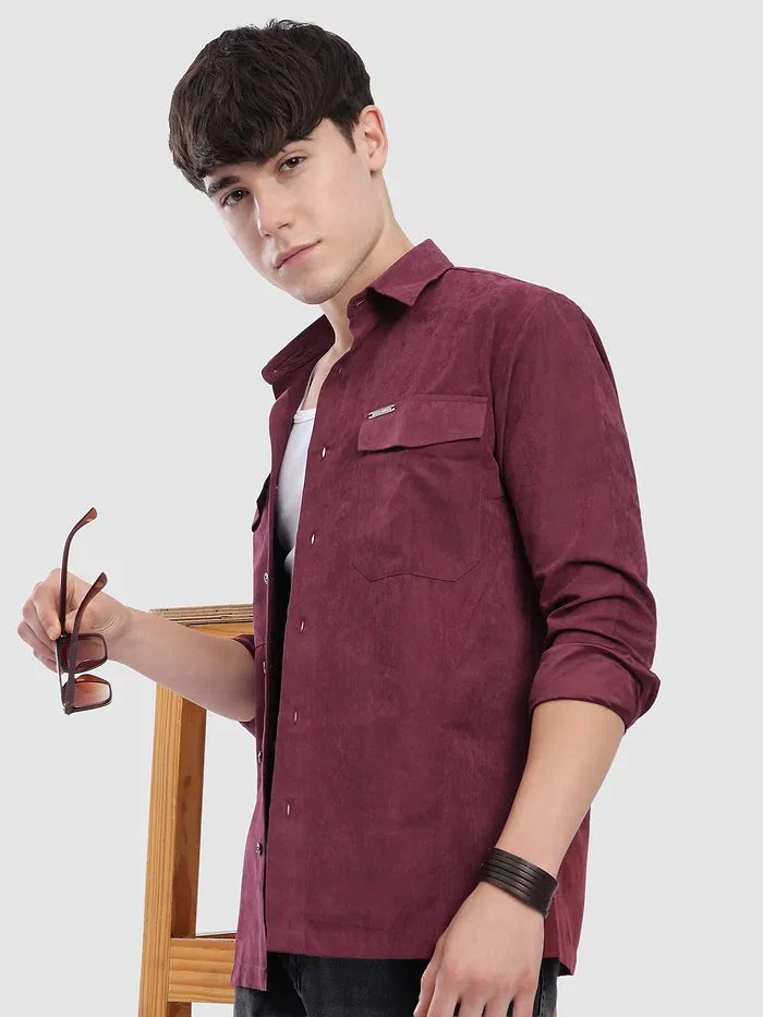 French Wine Dual Pocketed Suede Shirt