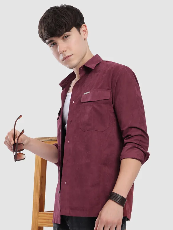 French Wine Dual Pocketed Suede Shirt