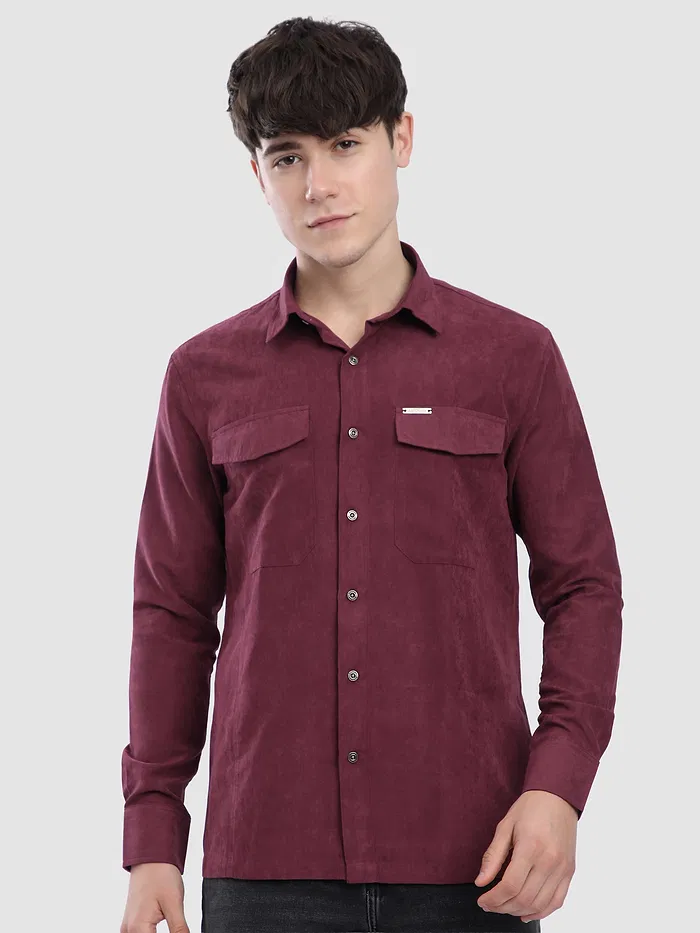 French Wine Dual Pocketed Suede Shirt