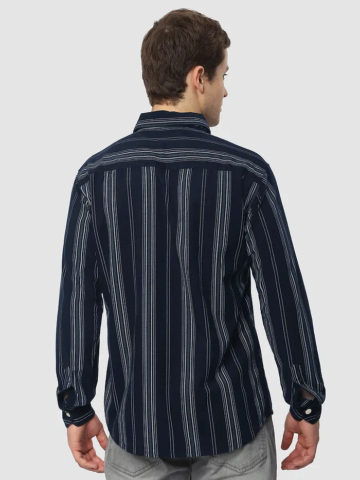 Navy Blue Striped Cotton Corduroy Shirt