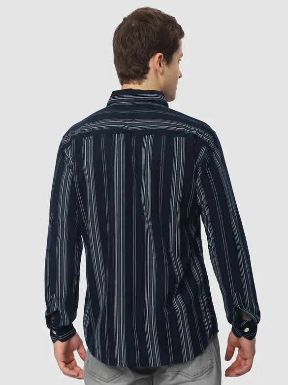 Navy Blue Striped Cotton Corduroy Shirt