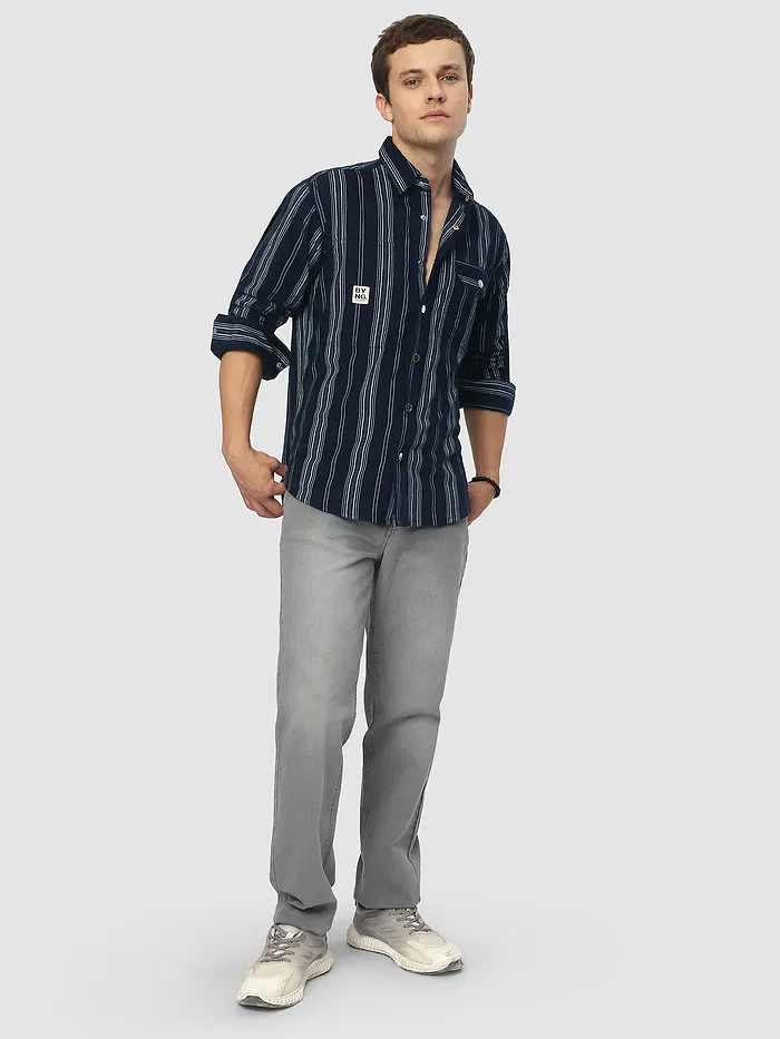 Navy Blue Striped Cotton Corduroy Shirt