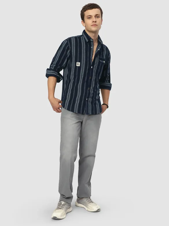 Navy Blue Striped Cotton Corduroy Shirt