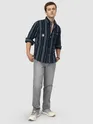 Navy Blue Striped Cotton Corduroy Shirt