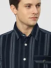 Navy Blue Striped Cotton Corduroy Shirt