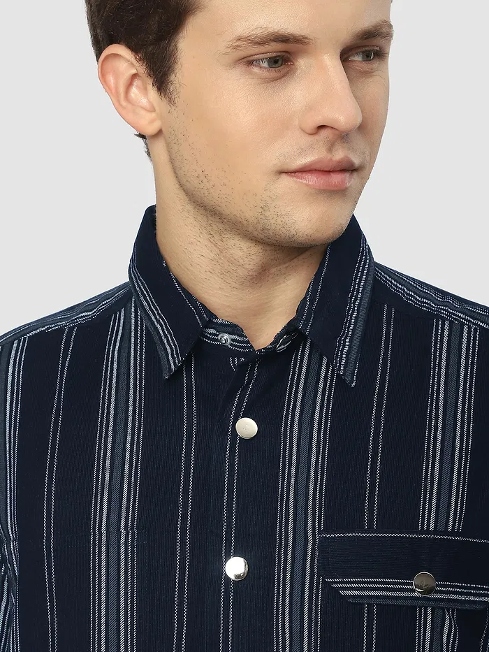 Navy Blue Striped Cotton Corduroy Shirt