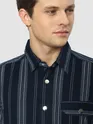 Navy Blue Striped Cotton Corduroy Shirt