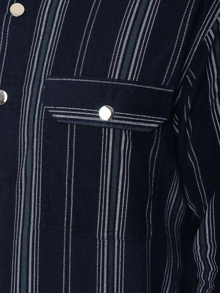 Navy Blue Striped Cotton Corduroy Shirt