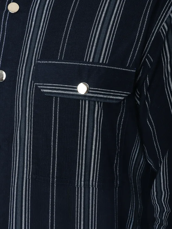 Navy Blue Striped Cotton Corduroy Shirt