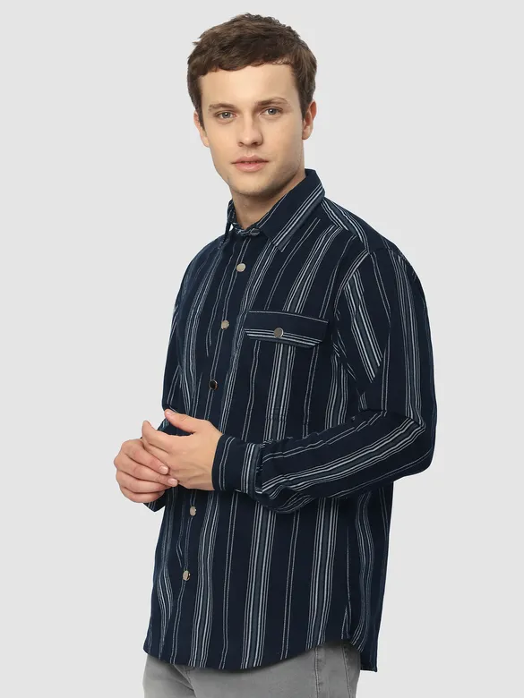 Navy Blue Striped Cotton Corduroy Shirt