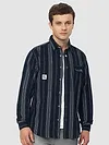 Navy Blue Striped Cotton Corduroy Shirt