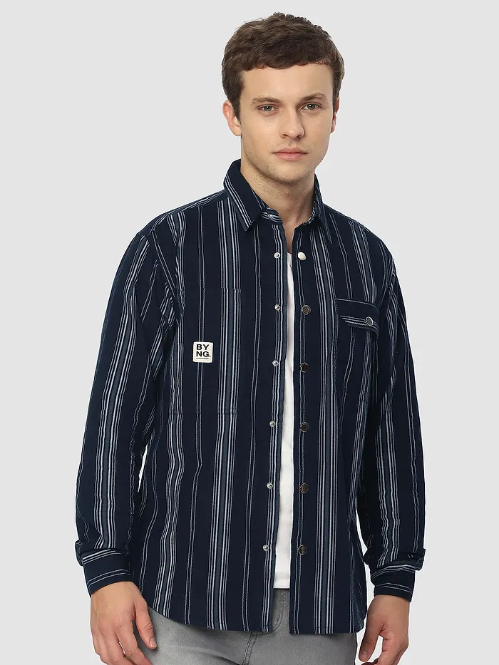 Navy Blue Striped Cotton Corduroy Shirt
