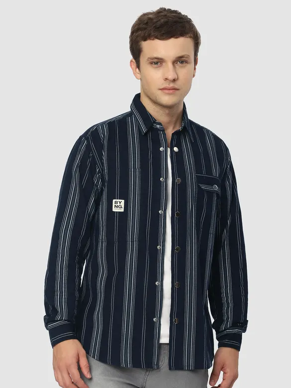 Navy Blue Striped Cotton Corduroy Shirt
