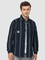 Navy Blue Striped Cotton Corduroy Shirt